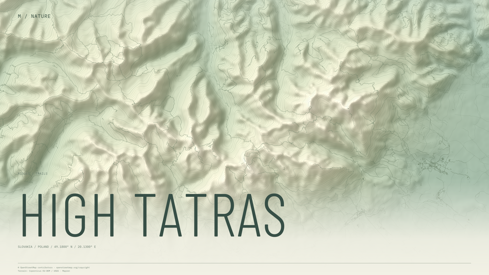 High Tatras nature wallpaper with sage terrain and trails and geographic coordinates