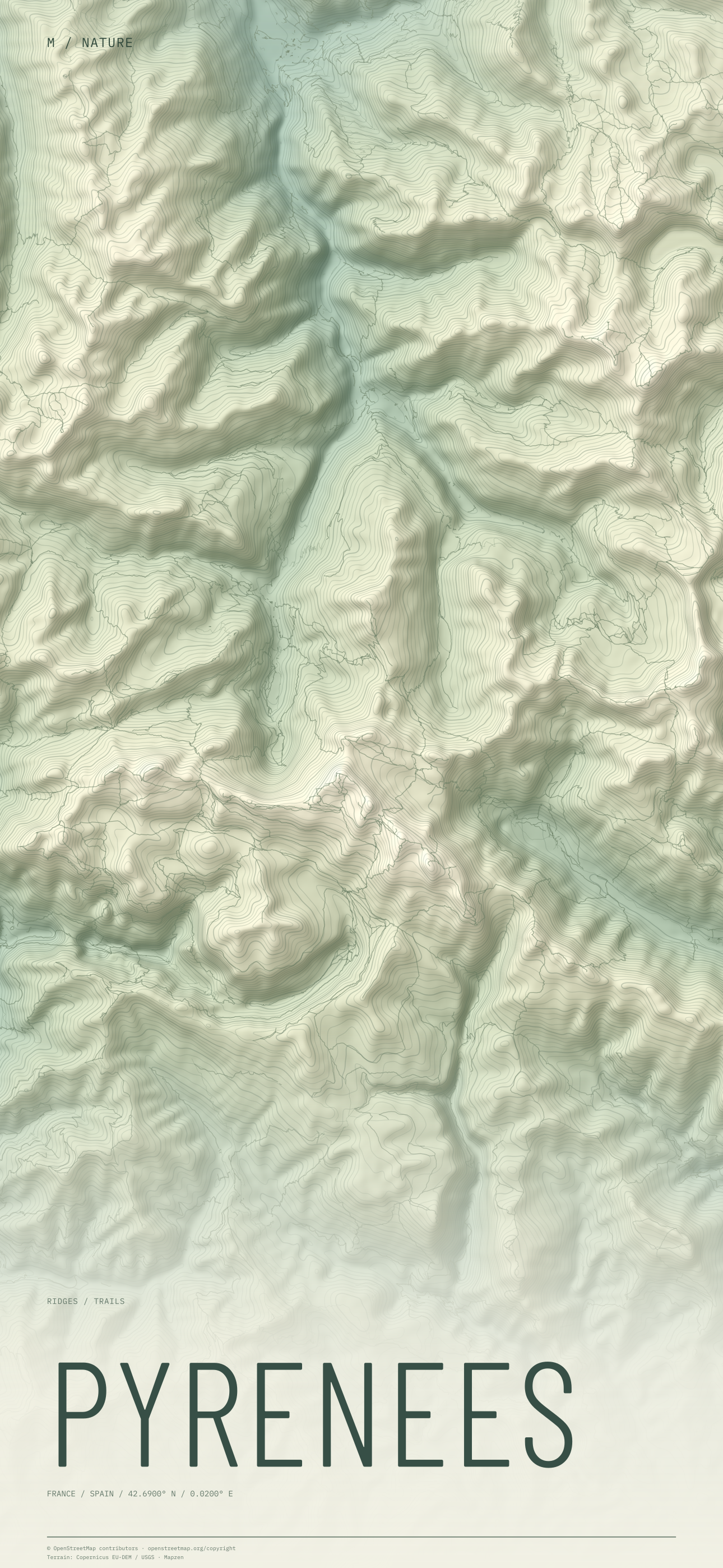 Pyrenees nature wallpaper with sage terrain and trails and geographic coordinates