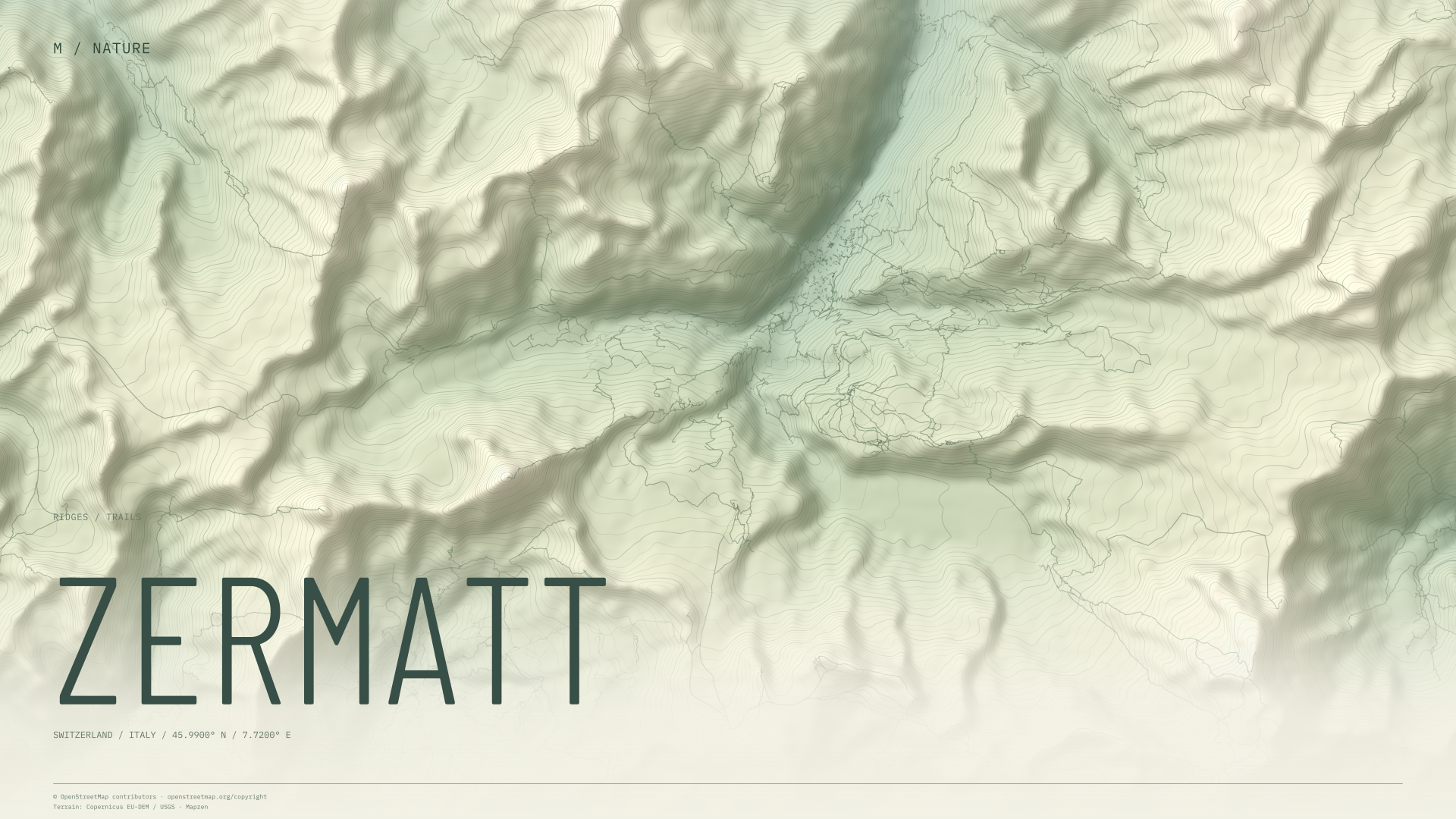 Zermatt nature wallpaper with sage terrain and trails and geographic coordinates