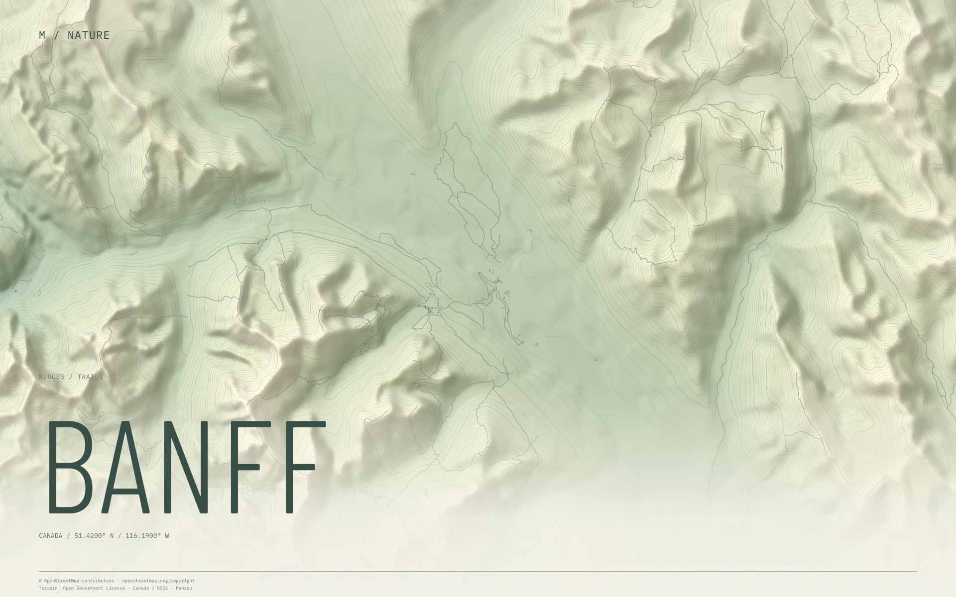Banff nature wallpaper with sage terrain and trails and geographic coordinates