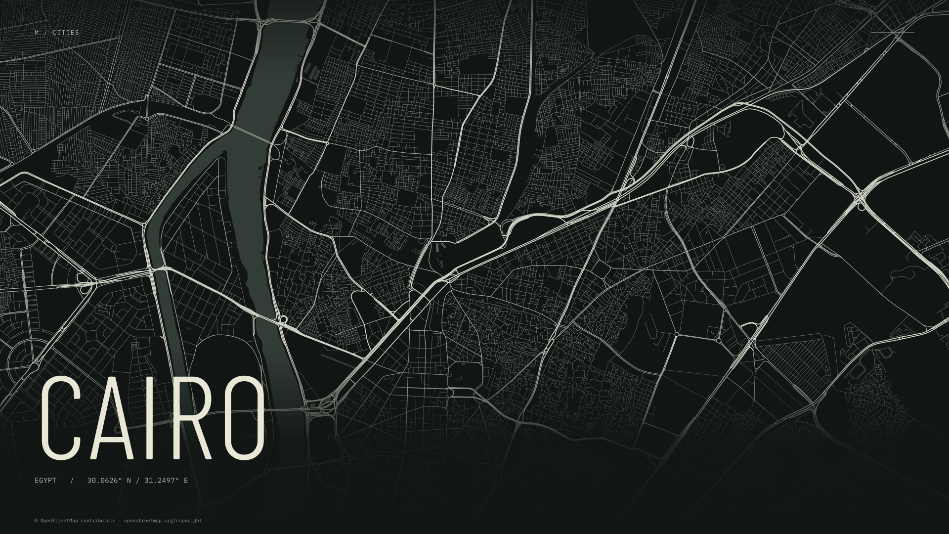 Cairo street map wallpaper with ivory streets on a dark background and geographic coordinates