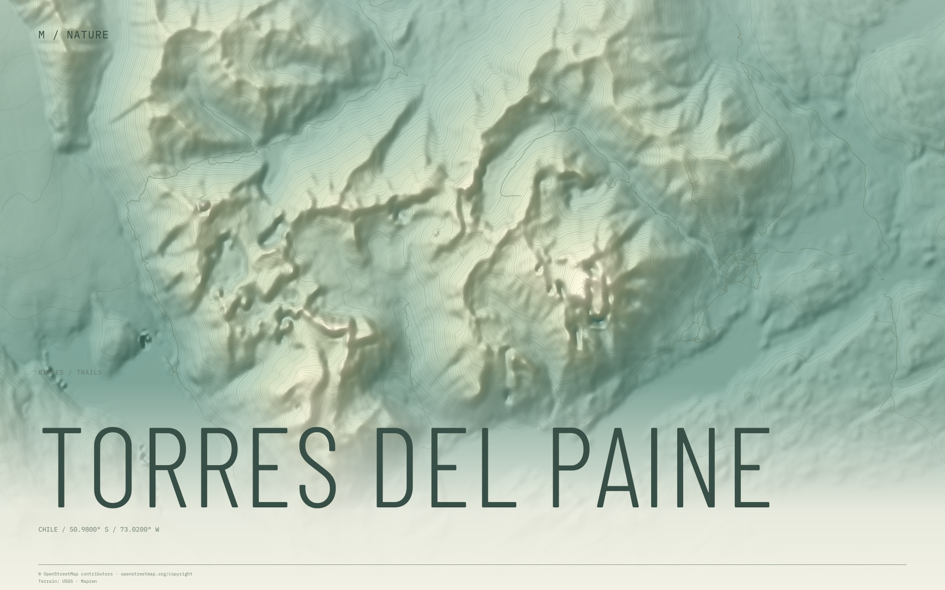 Torres del Paine nature wallpaper with sage terrain and trails and geographic coordinates