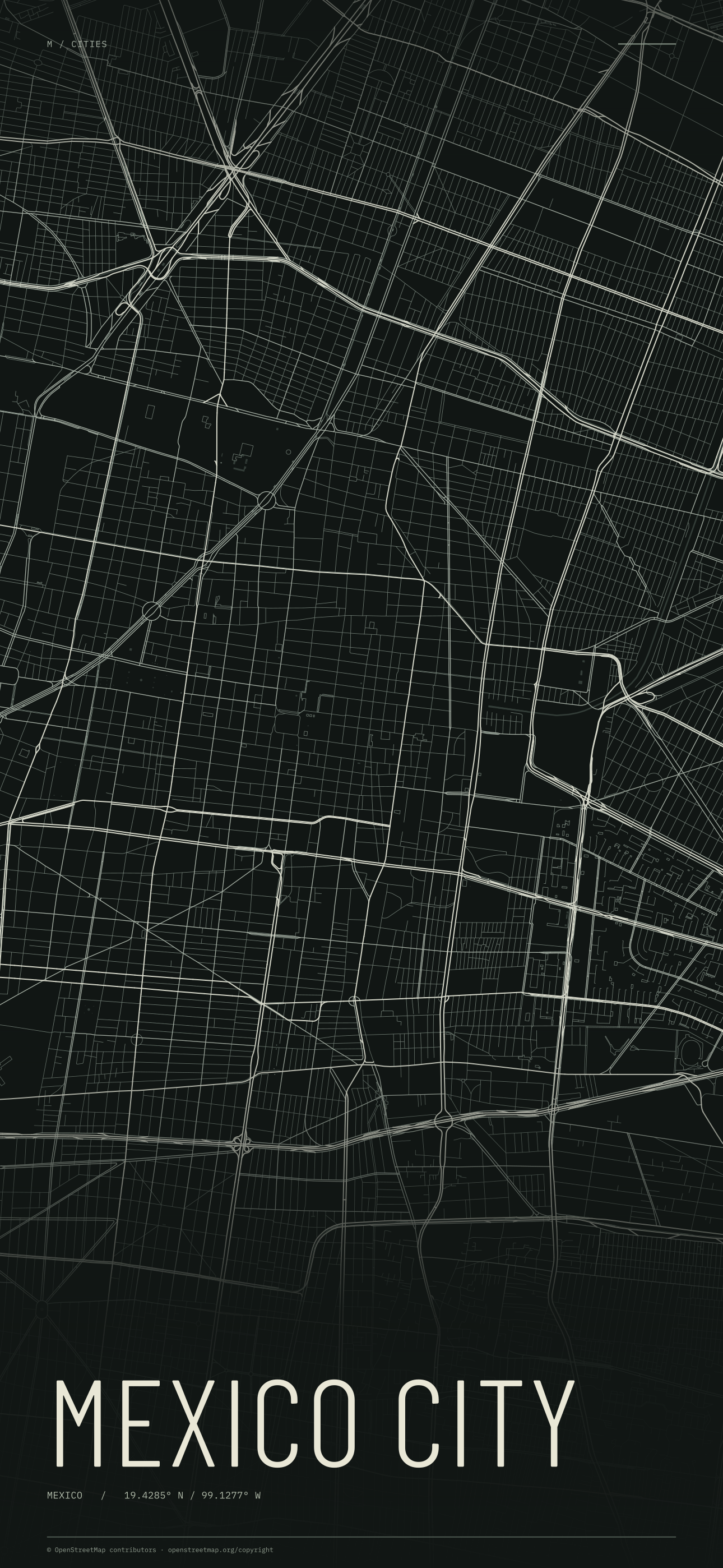 Mexico City street map wallpaper with ivory streets on a dark background and geographic coordinates