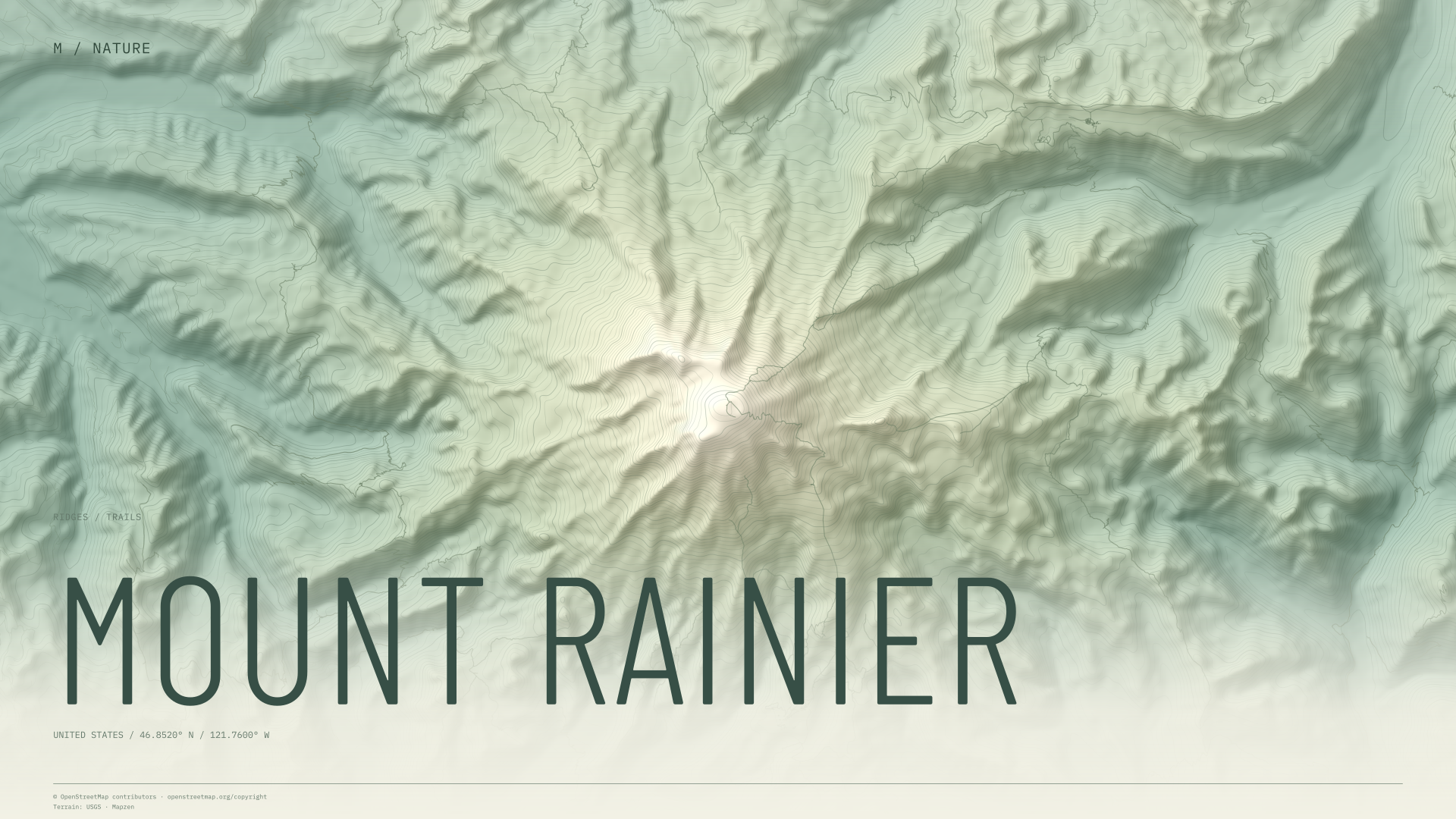 Mount Rainier nature wallpaper with sage terrain and trails and geographic coordinates