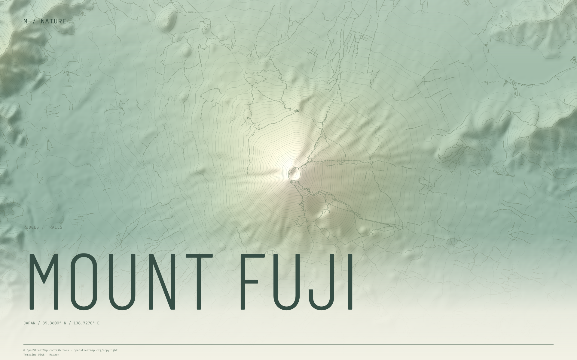 Mount Fuji nature wallpaper with sage terrain and trails and geographic coordinates