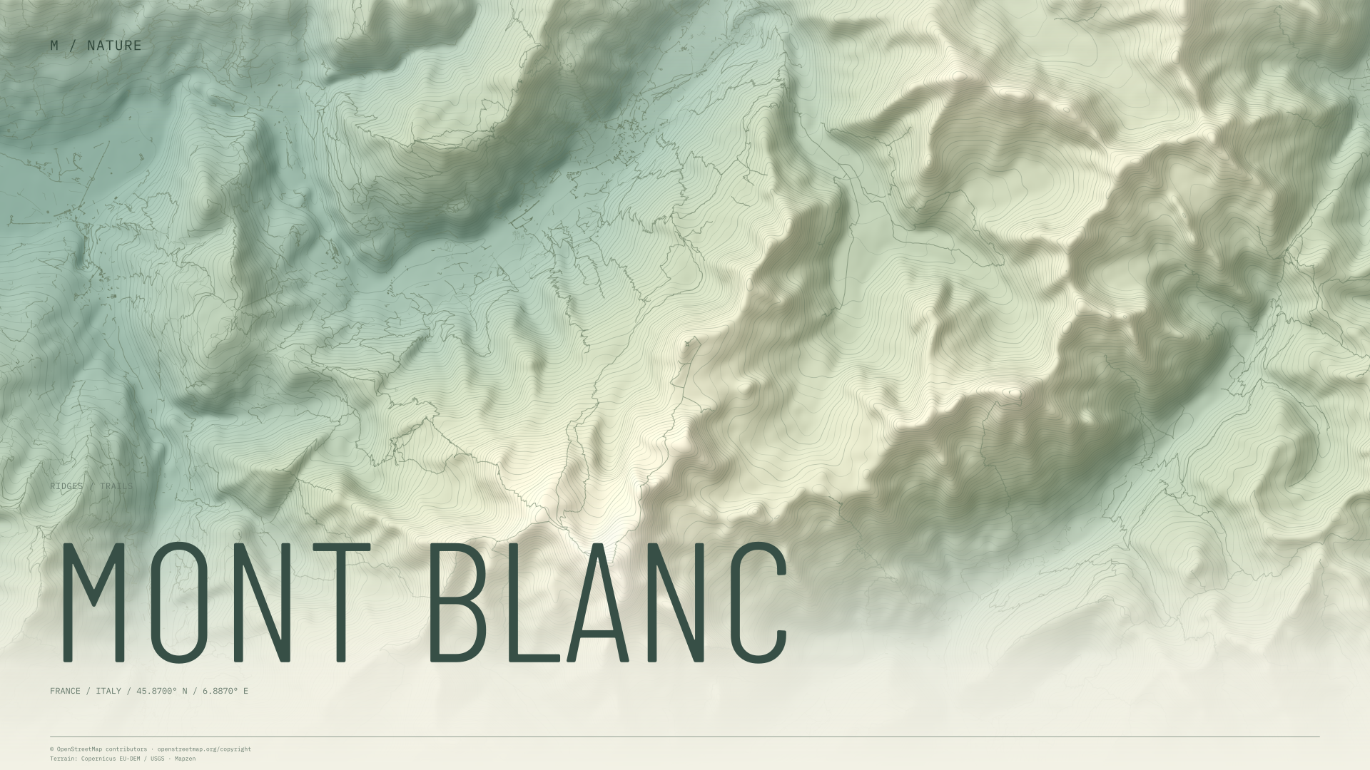 Mont Blanc nature wallpaper with sage terrain and trails and geographic coordinates