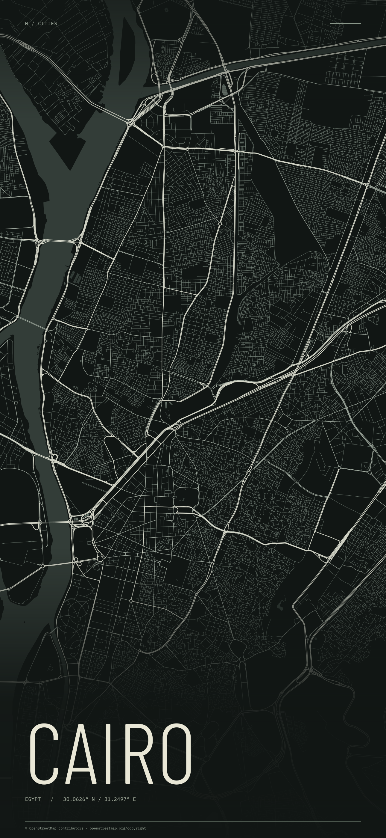 Cairo street map wallpaper with ivory streets on a dark background and geographic coordinates