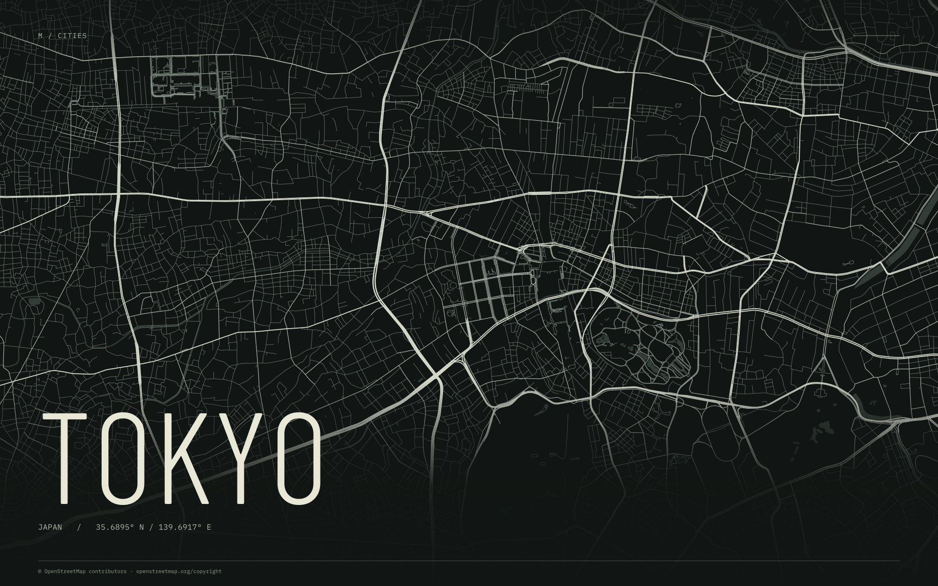 Tokyo street map wallpaper with ivory streets on a dark background and geographic coordinates