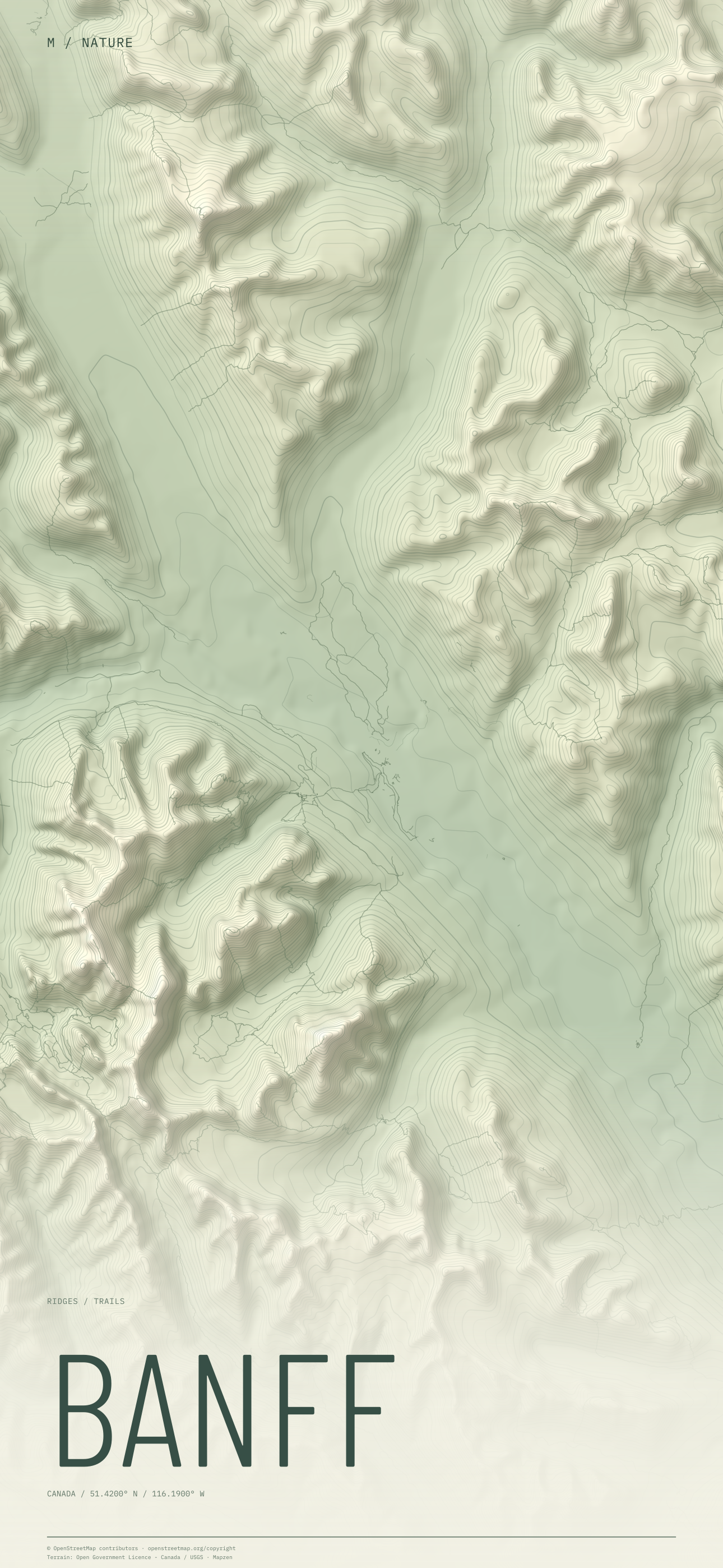 Banff nature wallpaper with sage terrain and trails and geographic coordinates