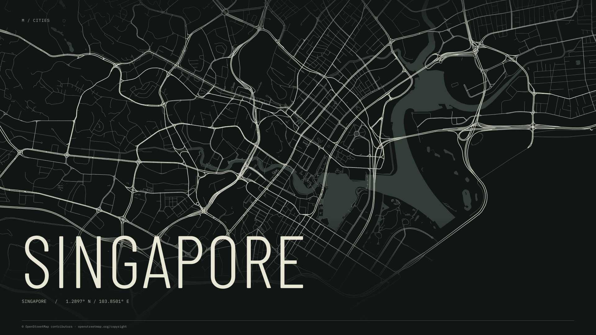 Singapore street map wallpaper with ivory streets on a dark background and geographic coordinates