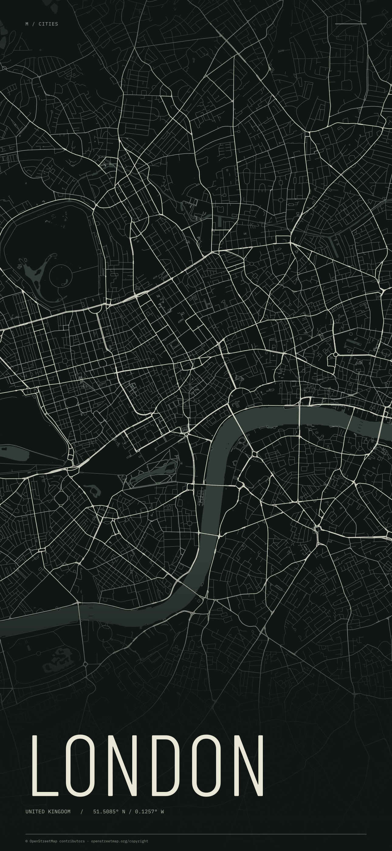 London street map wallpaper with ivory streets on a dark background and geographic coordinates