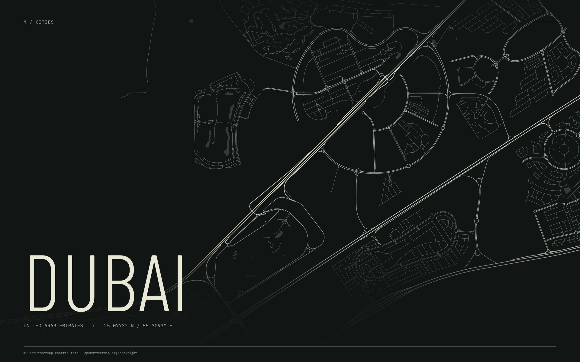 Dubai street map wallpaper with ivory streets on a dark background and geographic coordinates
