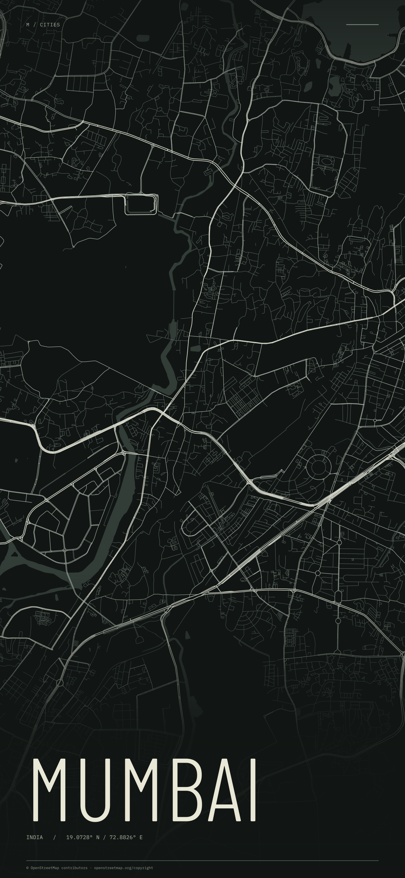 Mumbai street map wallpaper with ivory streets on a dark background and geographic coordinates