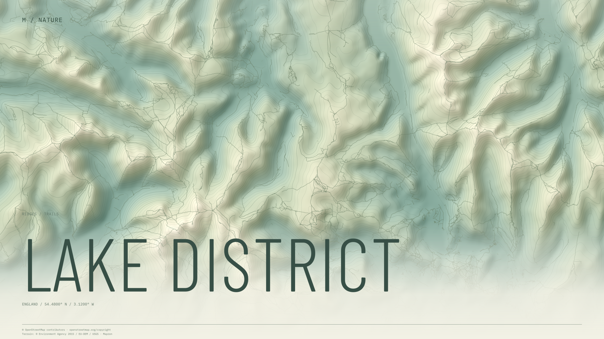 Lake District nature wallpaper with sage terrain and trails and geographic coordinates