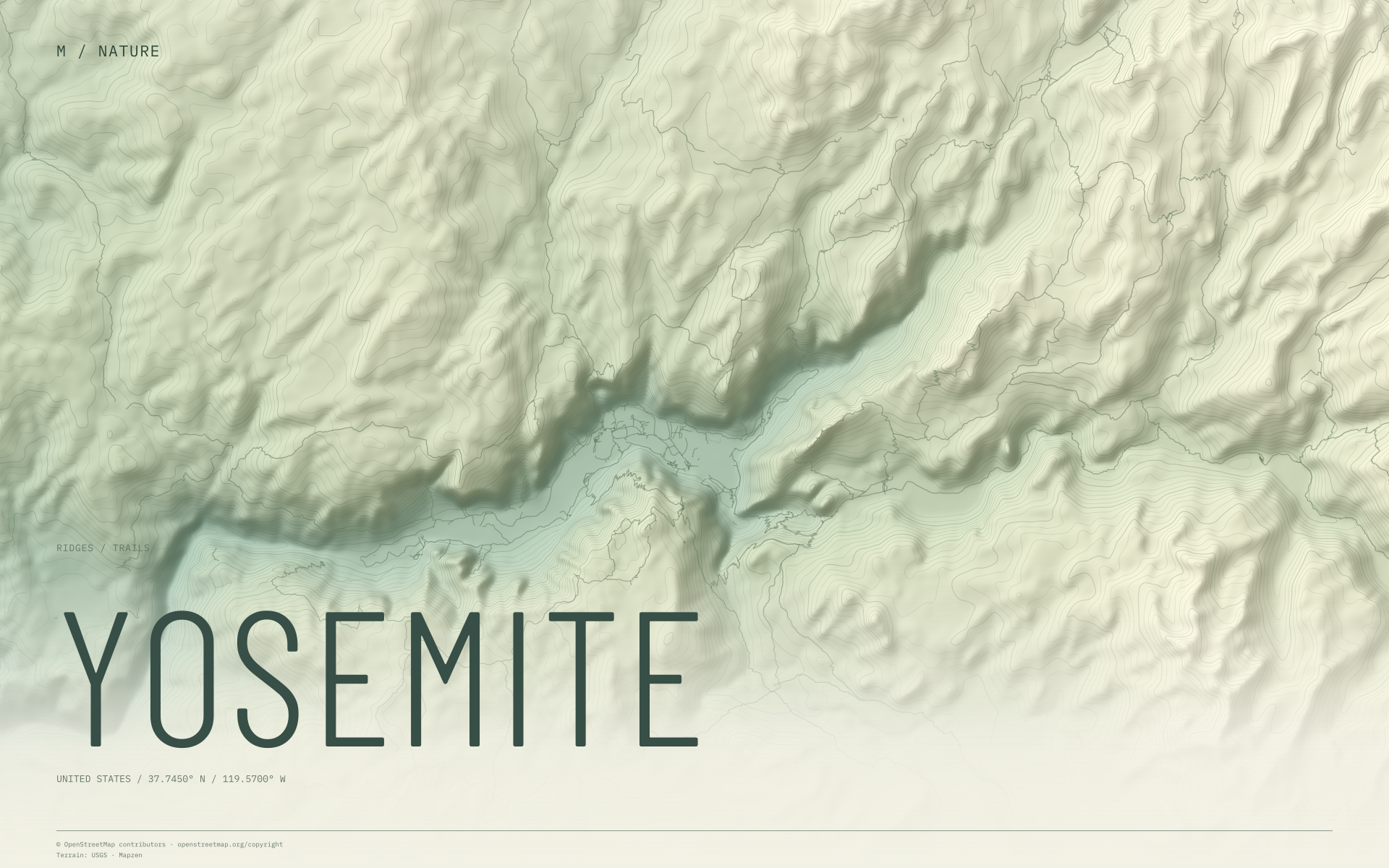 Yosemite nature wallpaper with sage terrain and trails and geographic coordinates