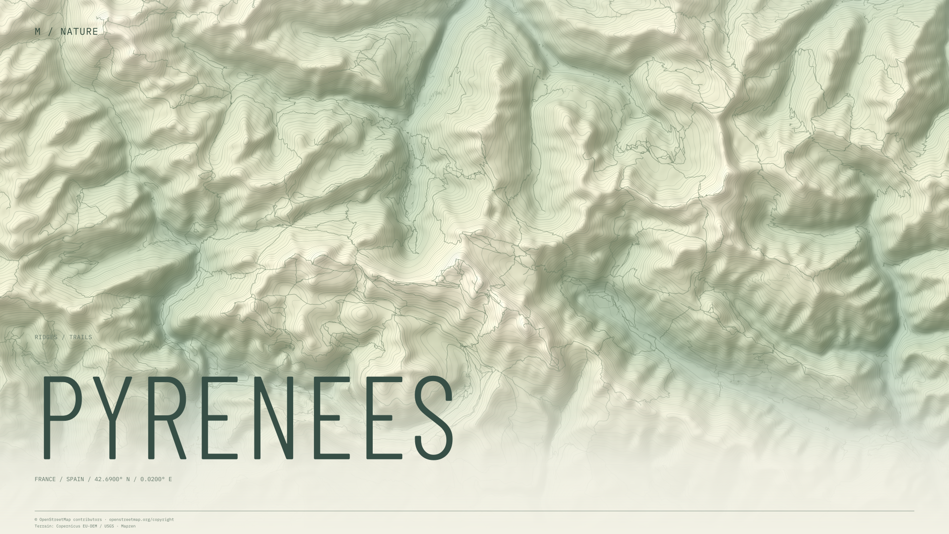Pyrenees nature wallpaper with sage terrain and trails and geographic coordinates