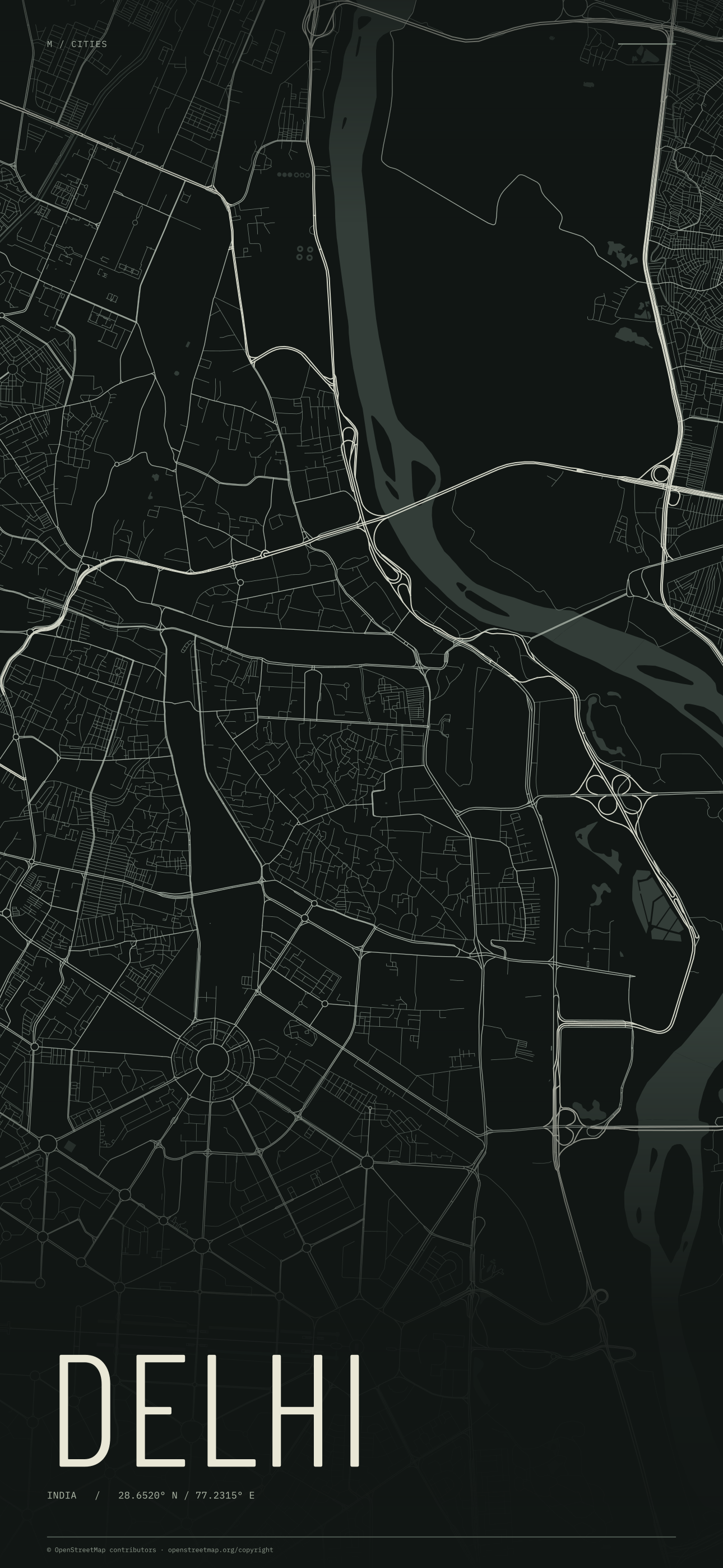 Delhi street map wallpaper with ivory streets on a dark background and geographic coordinates