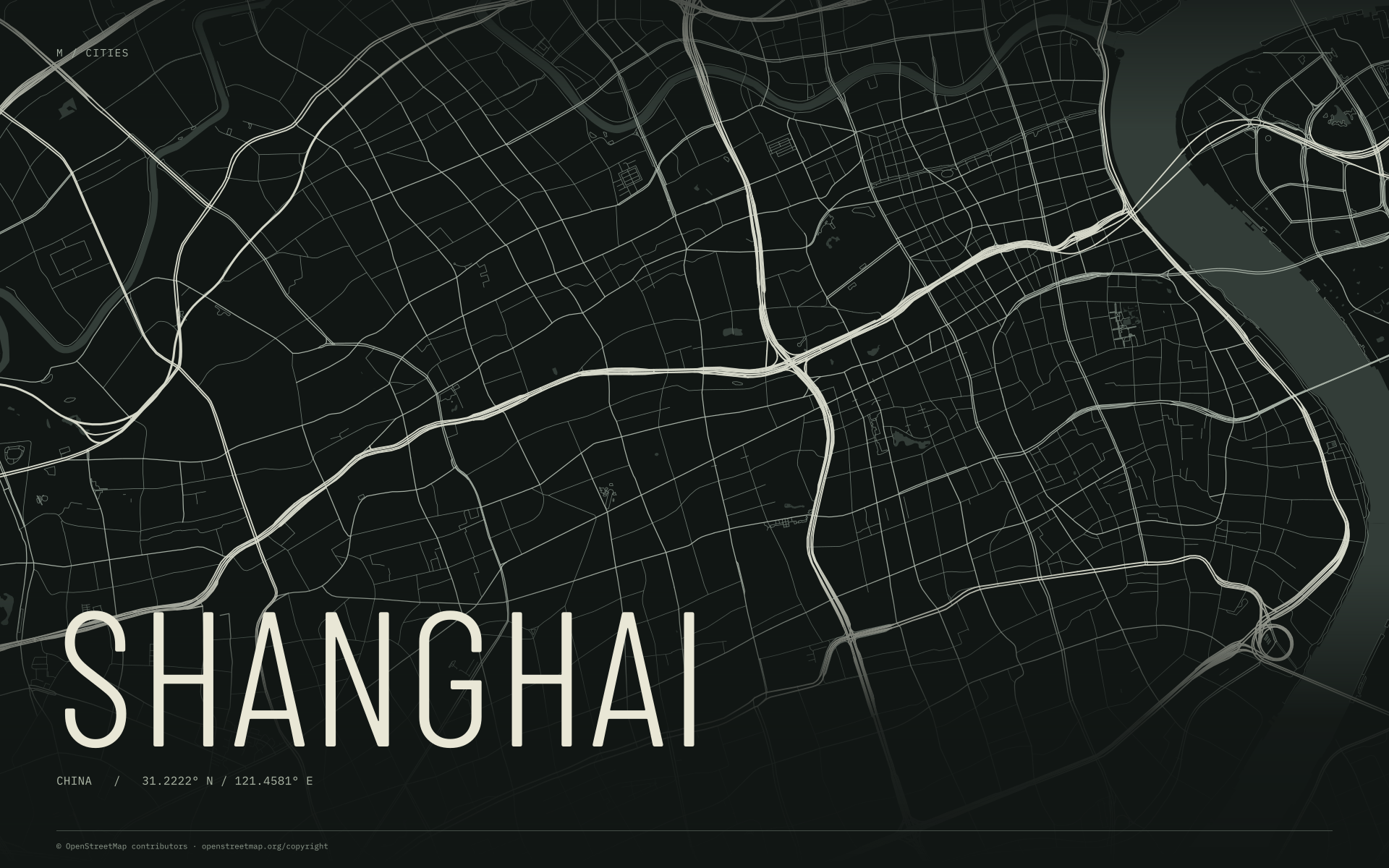 Shanghai street map wallpaper with ivory streets on a dark background and geographic coordinates