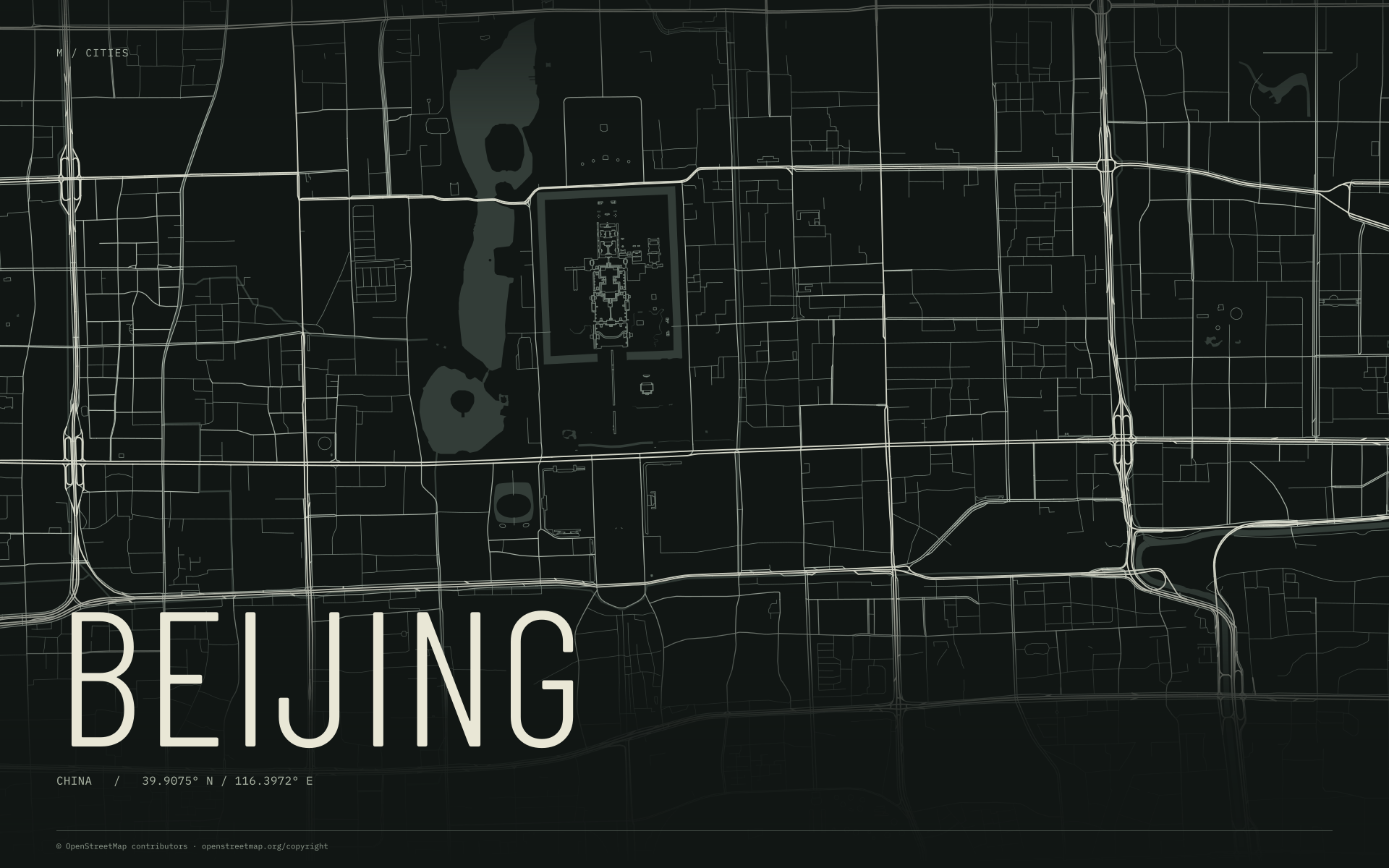 Beijing street map wallpaper with ivory streets on a dark background and geographic coordinates