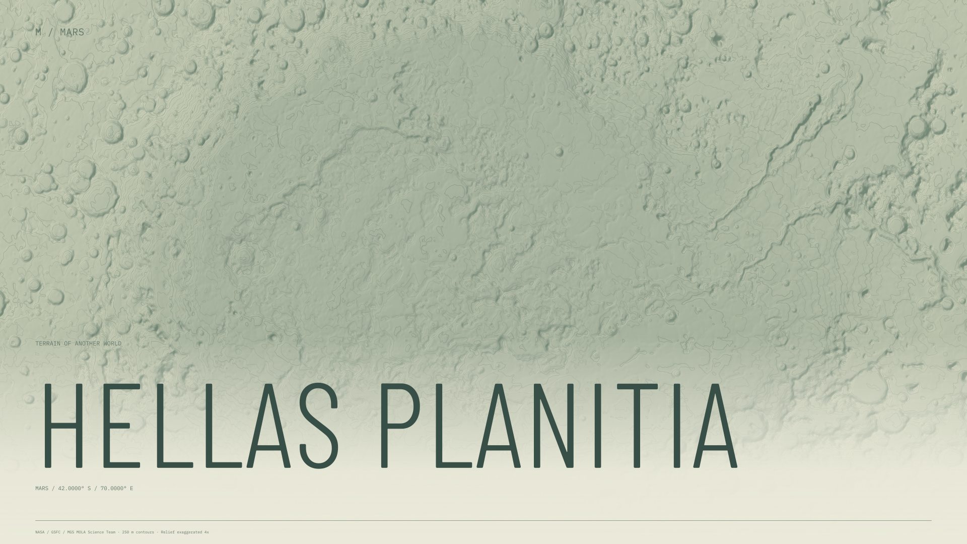 Hellas Planitia Mars terrain wallpaper with sage contours and geographic coordinates