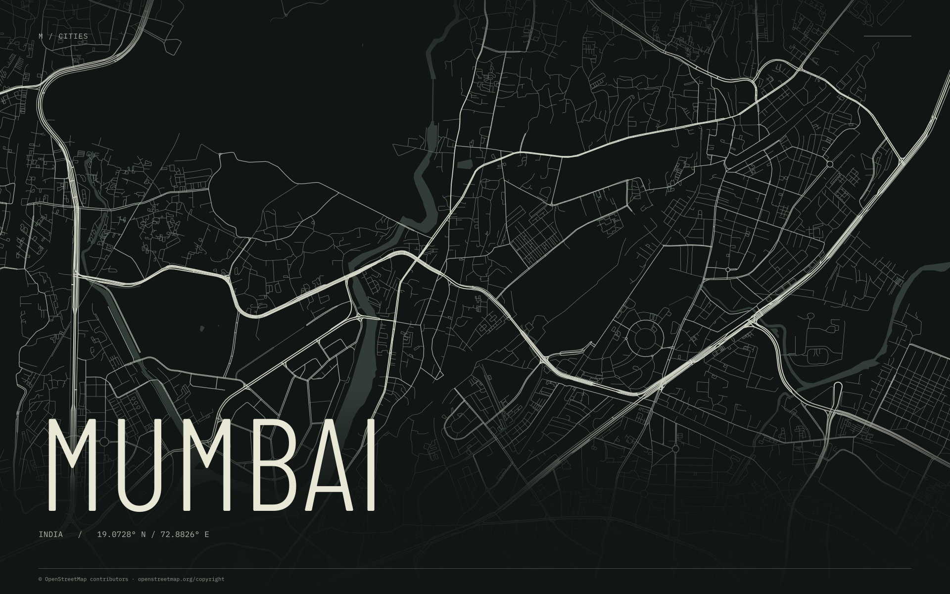 Mumbai street map wallpaper with ivory streets on a dark background and geographic coordinates