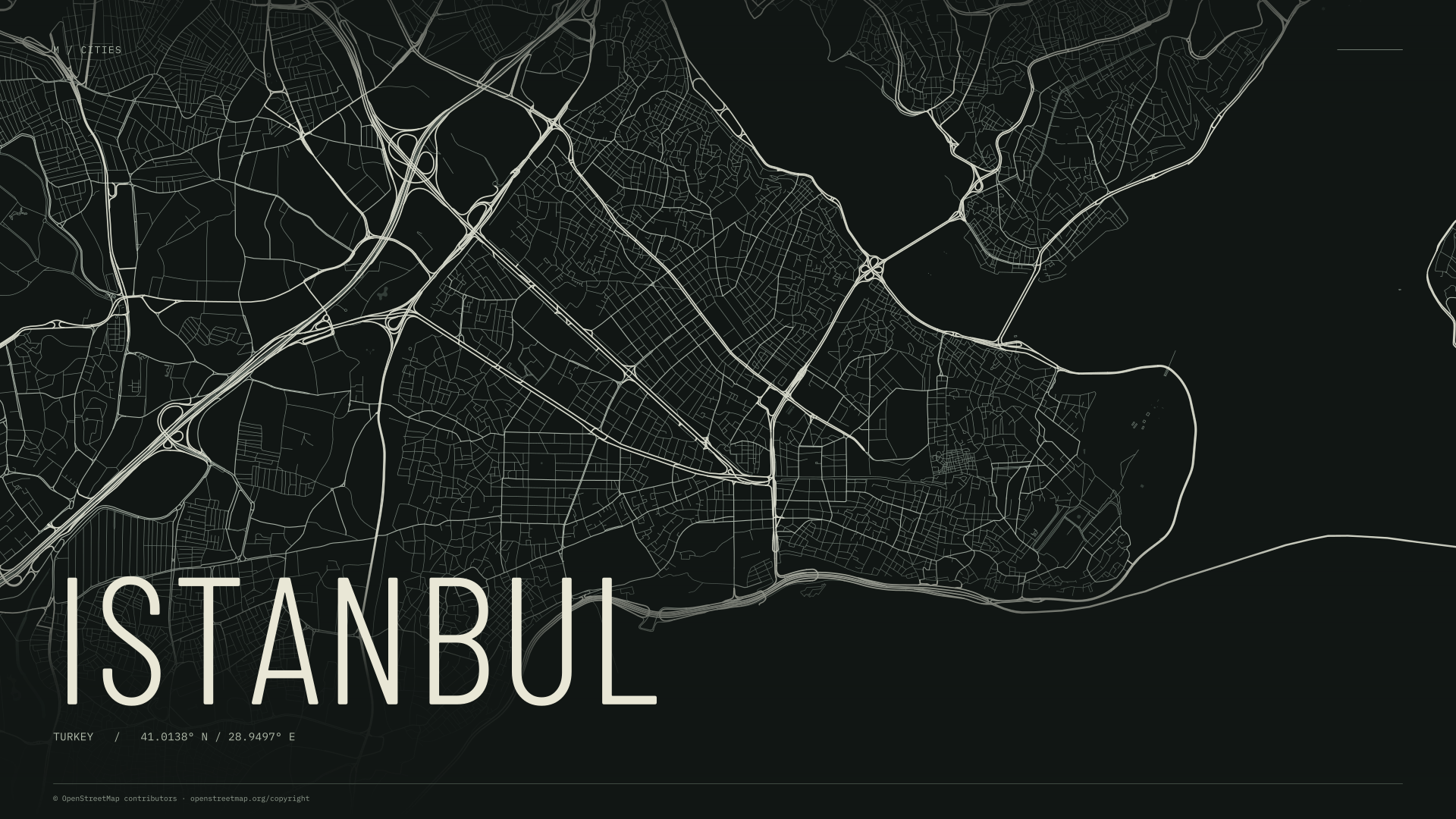 Istanbul street map wallpaper with ivory streets on a dark background and geographic coordinates