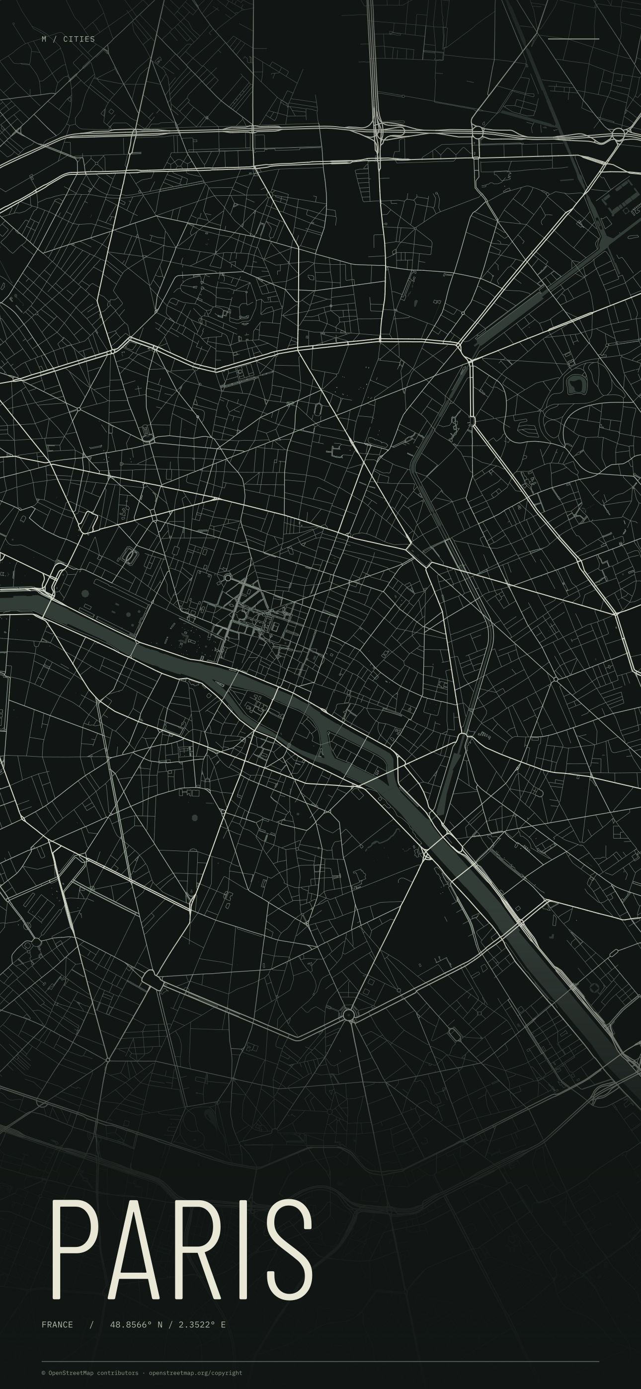 Paris street map wallpaper with ivory streets on a dark background and geographic coordinates