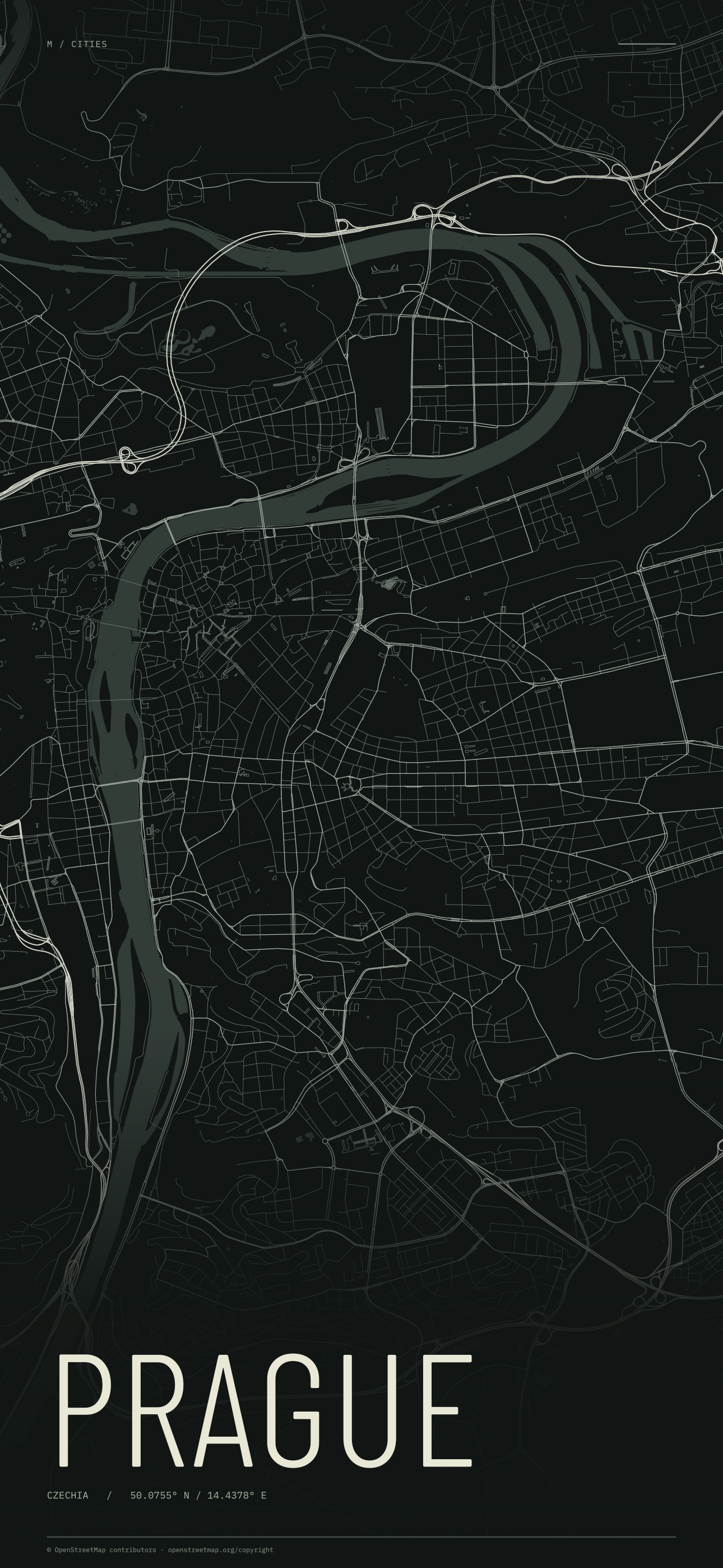 Prague street map wallpaper with ivory streets on a dark background and geographic coordinates