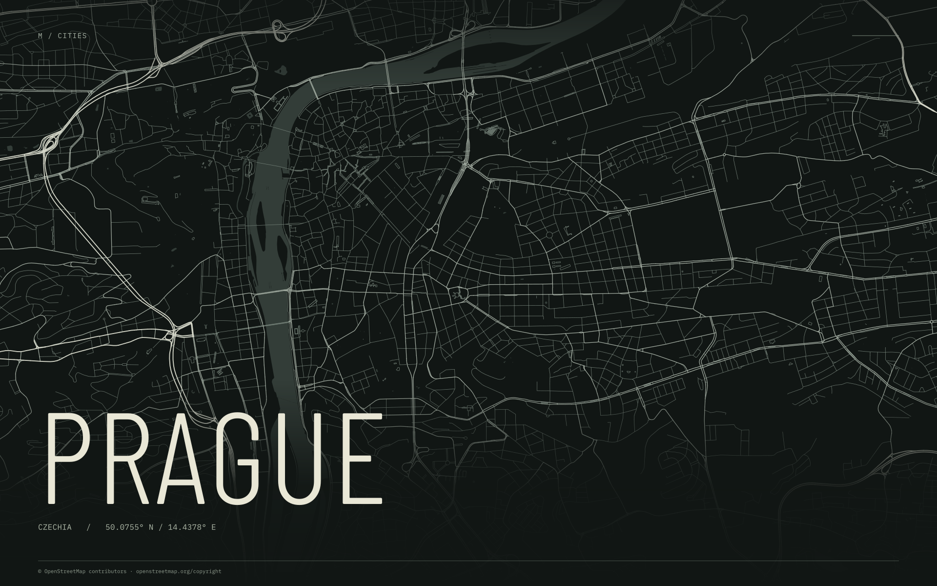 Prague street map wallpaper with ivory streets on a dark background and geographic coordinates