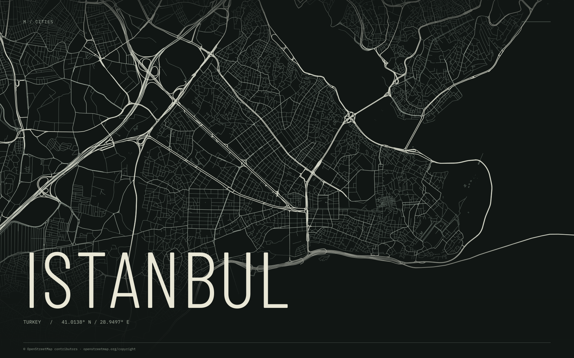 Istanbul street map wallpaper with ivory streets on a dark background and geographic coordinates
