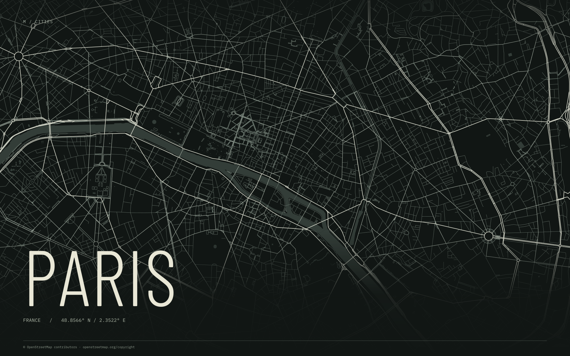 Paris street map wallpaper with ivory streets on a dark background and geographic coordinates