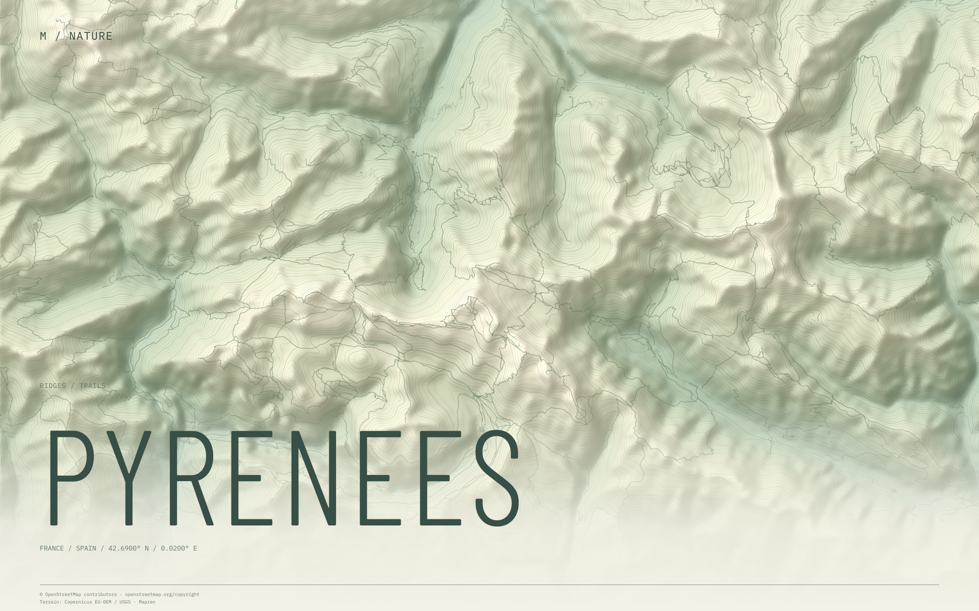 Pyrenees nature wallpaper with sage terrain and trails and geographic coordinates