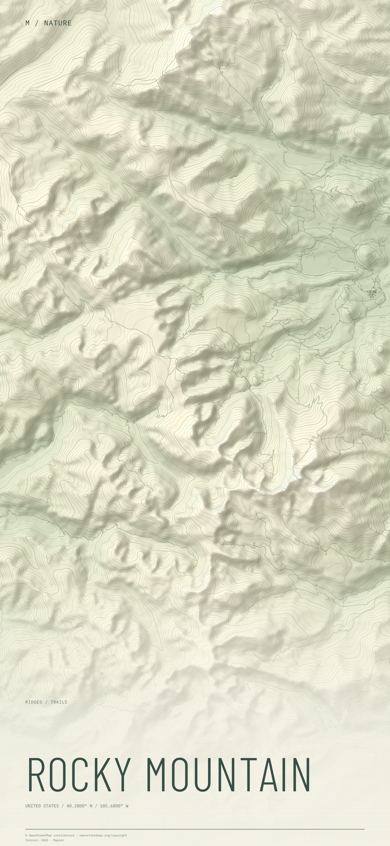 Rocky Mountain nature wallpaper with sage terrain and trails and geographic coordinates