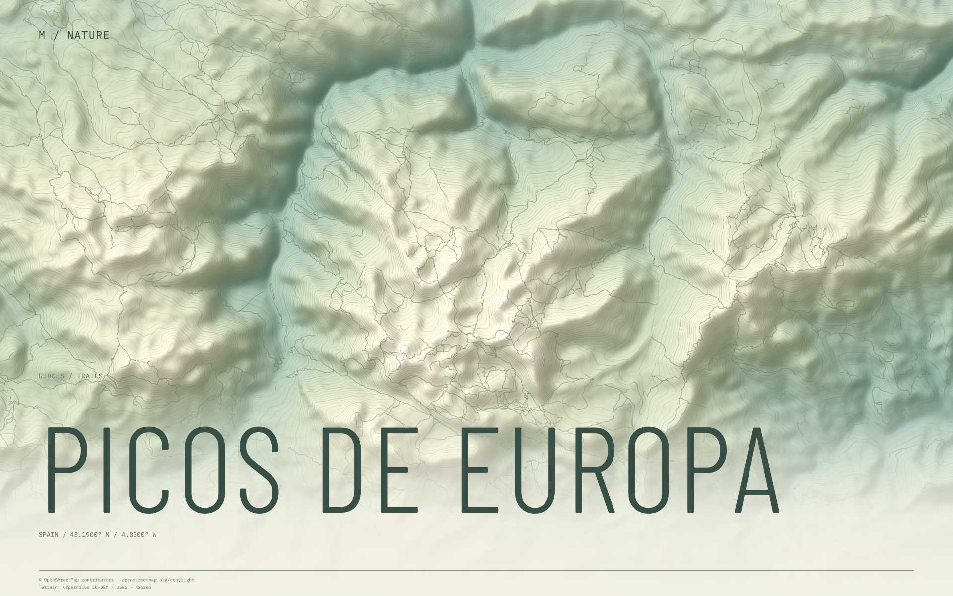 Picos de Europa nature wallpaper with sage terrain and trails and geographic coordinates