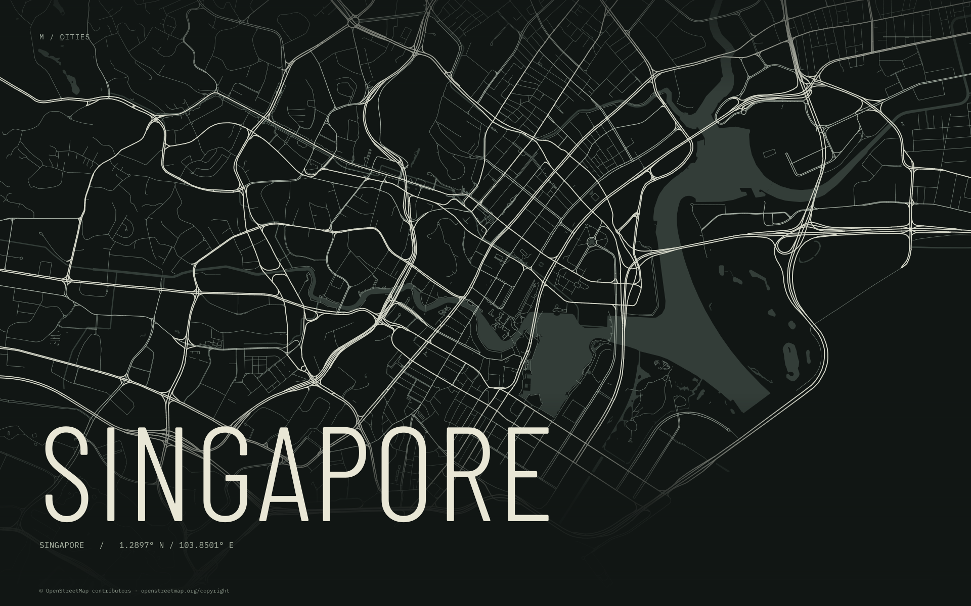 Singapore street map wallpaper with ivory streets on a dark background and geographic coordinates