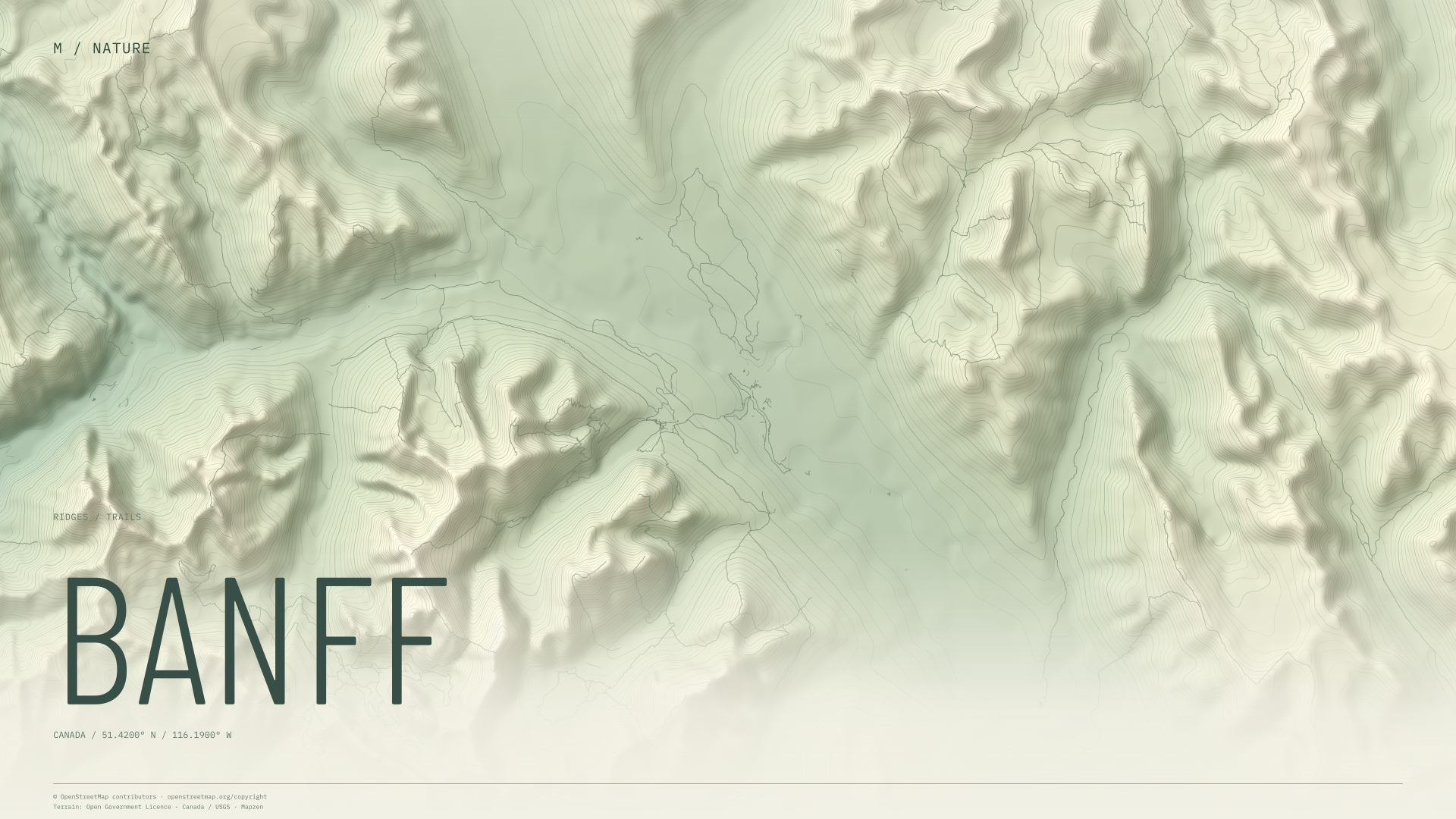 Banff nature wallpaper with sage terrain and trails and geographic coordinates