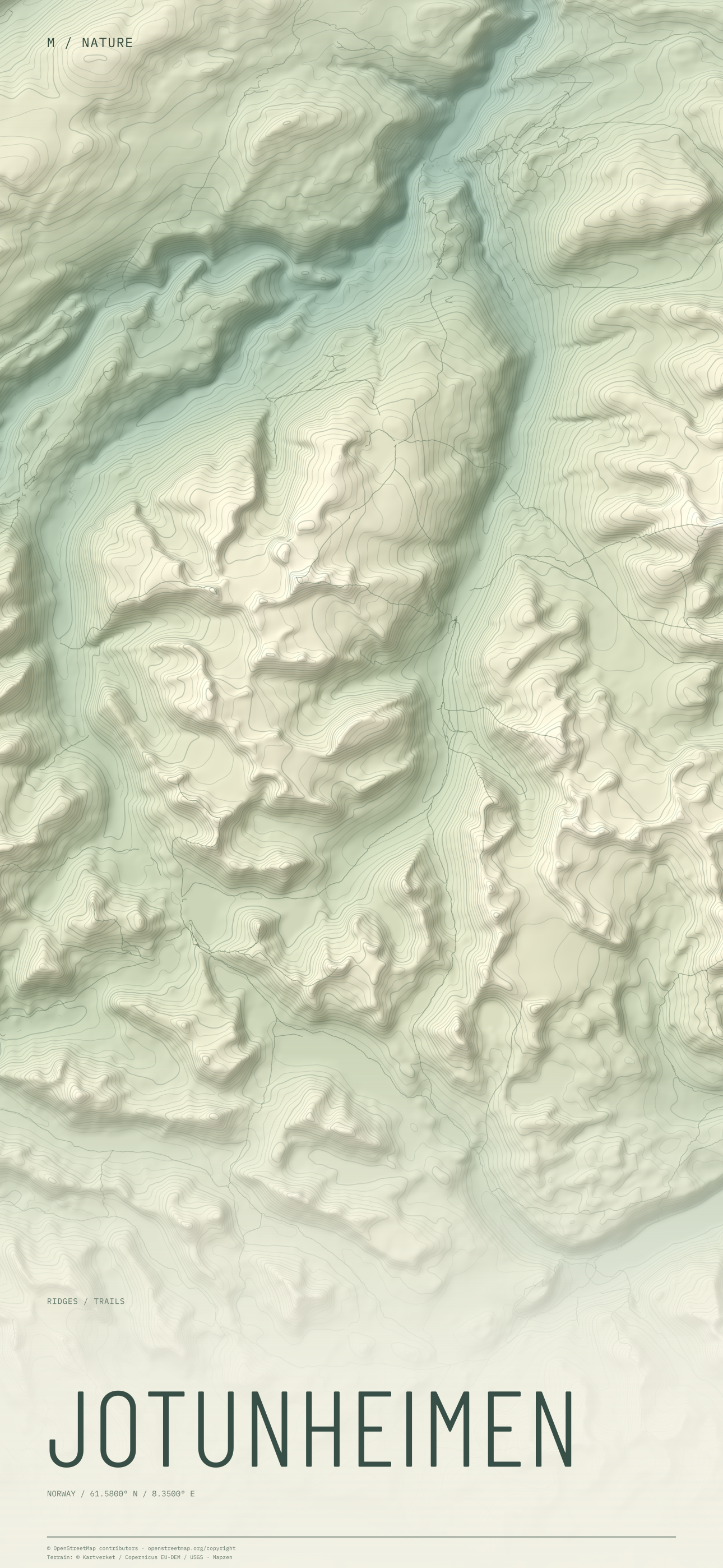 Jotunheimen nature wallpaper with sage terrain and trails and geographic coordinates