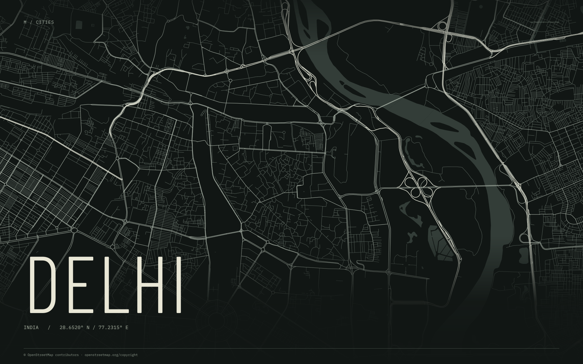 Delhi street map wallpaper with ivory streets on a dark background and geographic coordinates