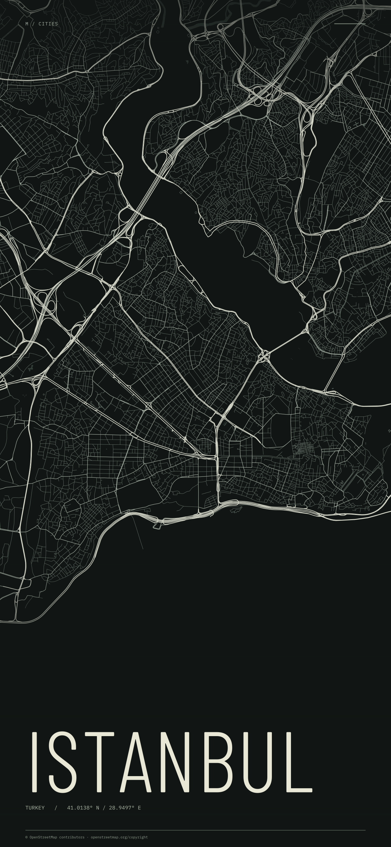 Istanbul street map wallpaper with ivory streets on a dark background and geographic coordinates