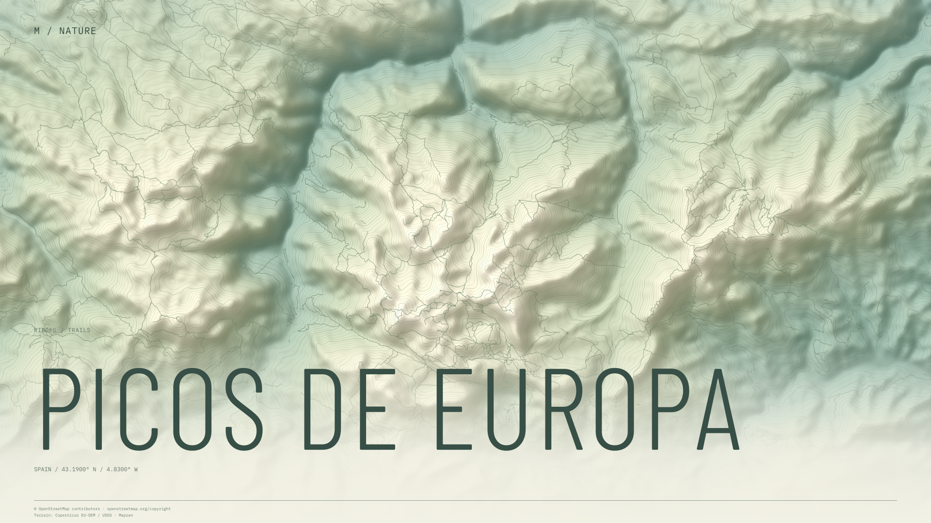 Picos de Europa nature wallpaper with sage terrain and trails and geographic coordinates