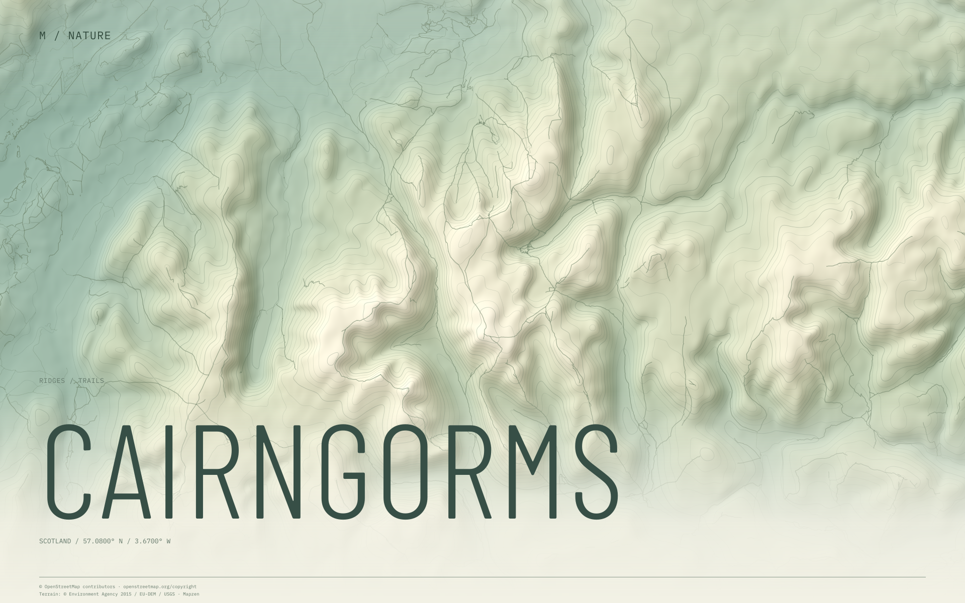 Cairngorms nature wallpaper with sage terrain and trails and geographic coordinates