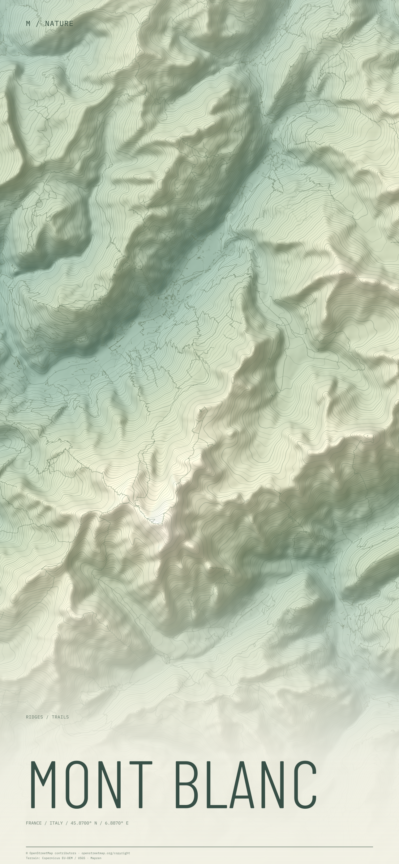 Mont Blanc nature wallpaper with sage terrain and trails and geographic coordinates