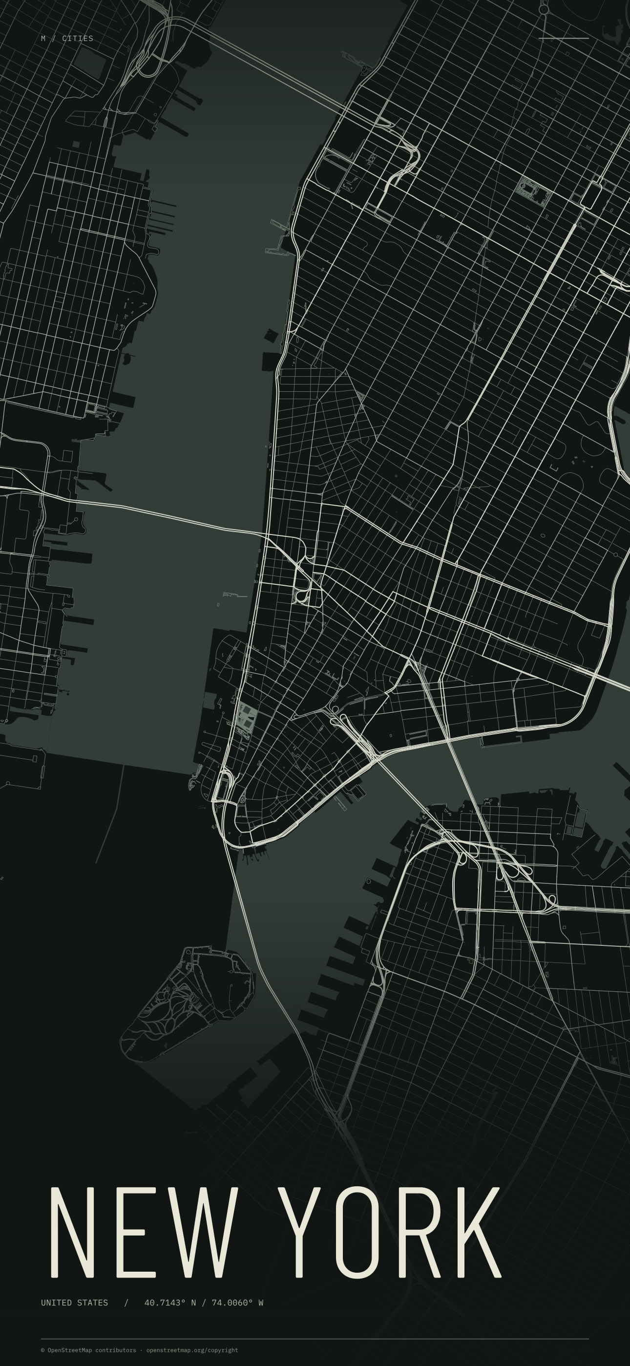 New York street map wallpaper with ivory streets on a dark background and geographic coordinates