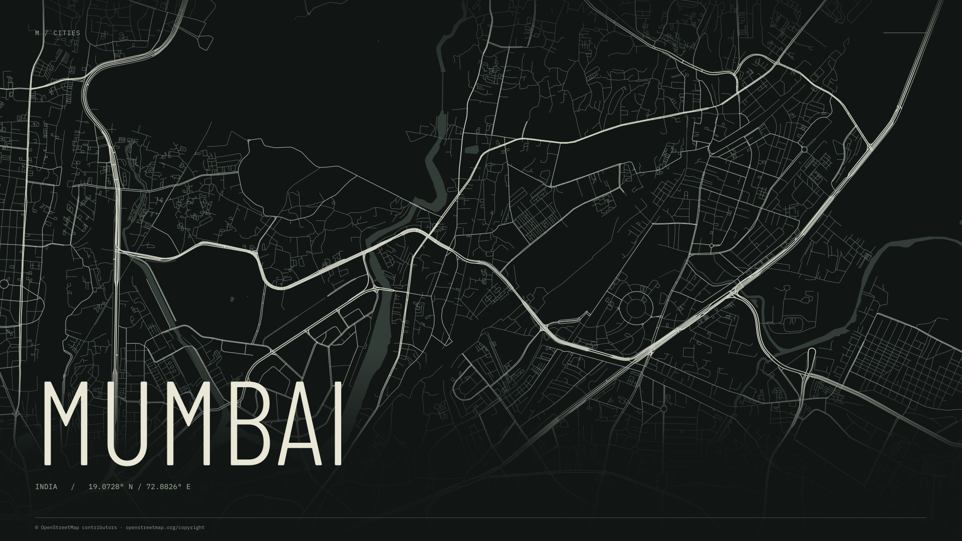 Mumbai street map wallpaper with ivory streets on a dark background and geographic coordinates