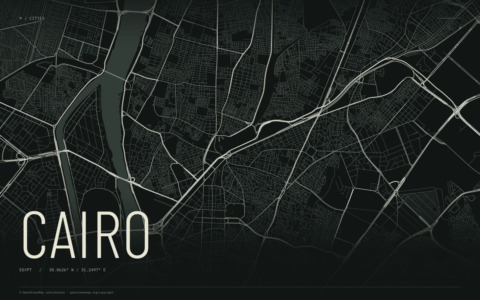 Cairo street map wallpaper with ivory streets on a dark background and geographic coordinates