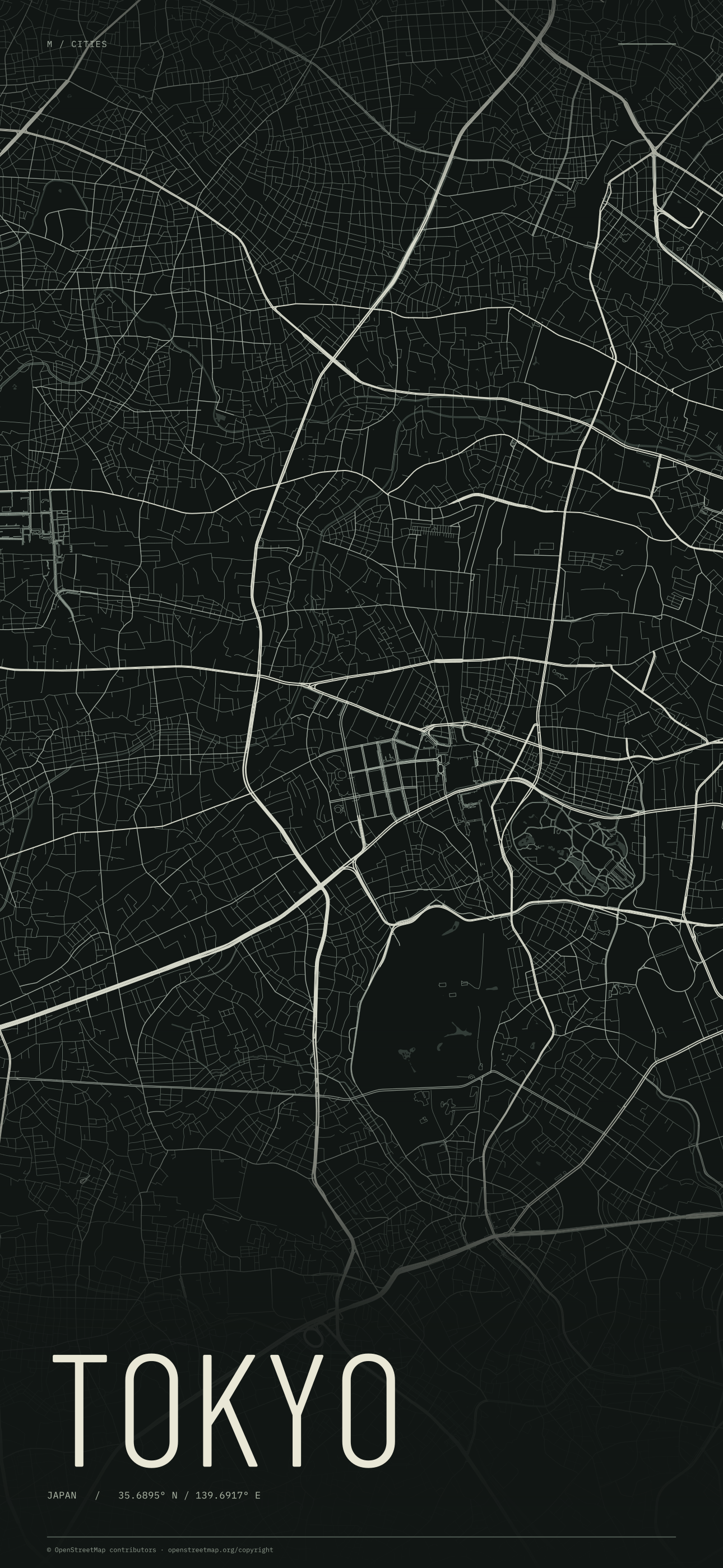 Tokyo street map wallpaper with ivory streets on a dark background and geographic coordinates