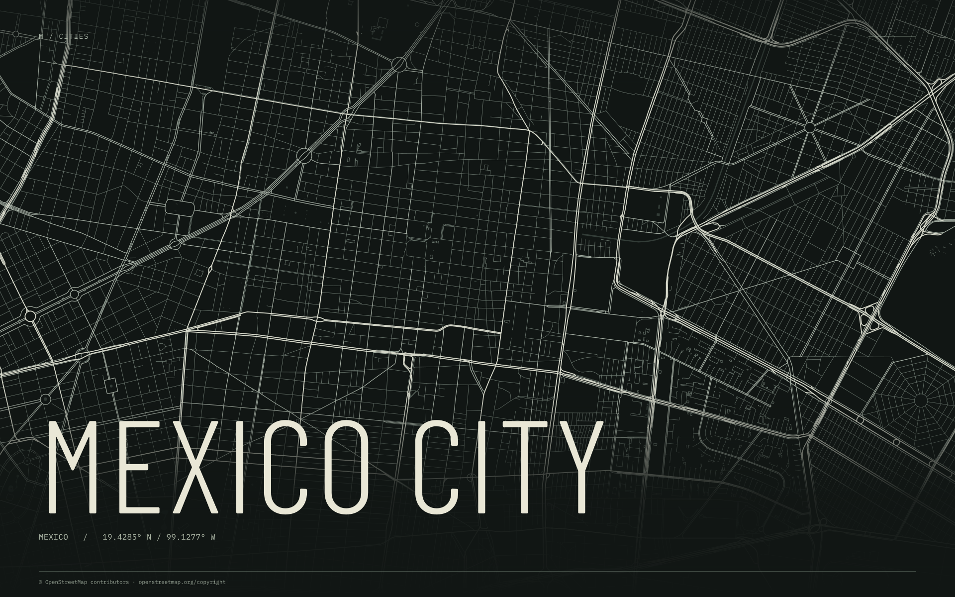 Mexico City street map wallpaper with ivory streets on a dark background and geographic coordinates