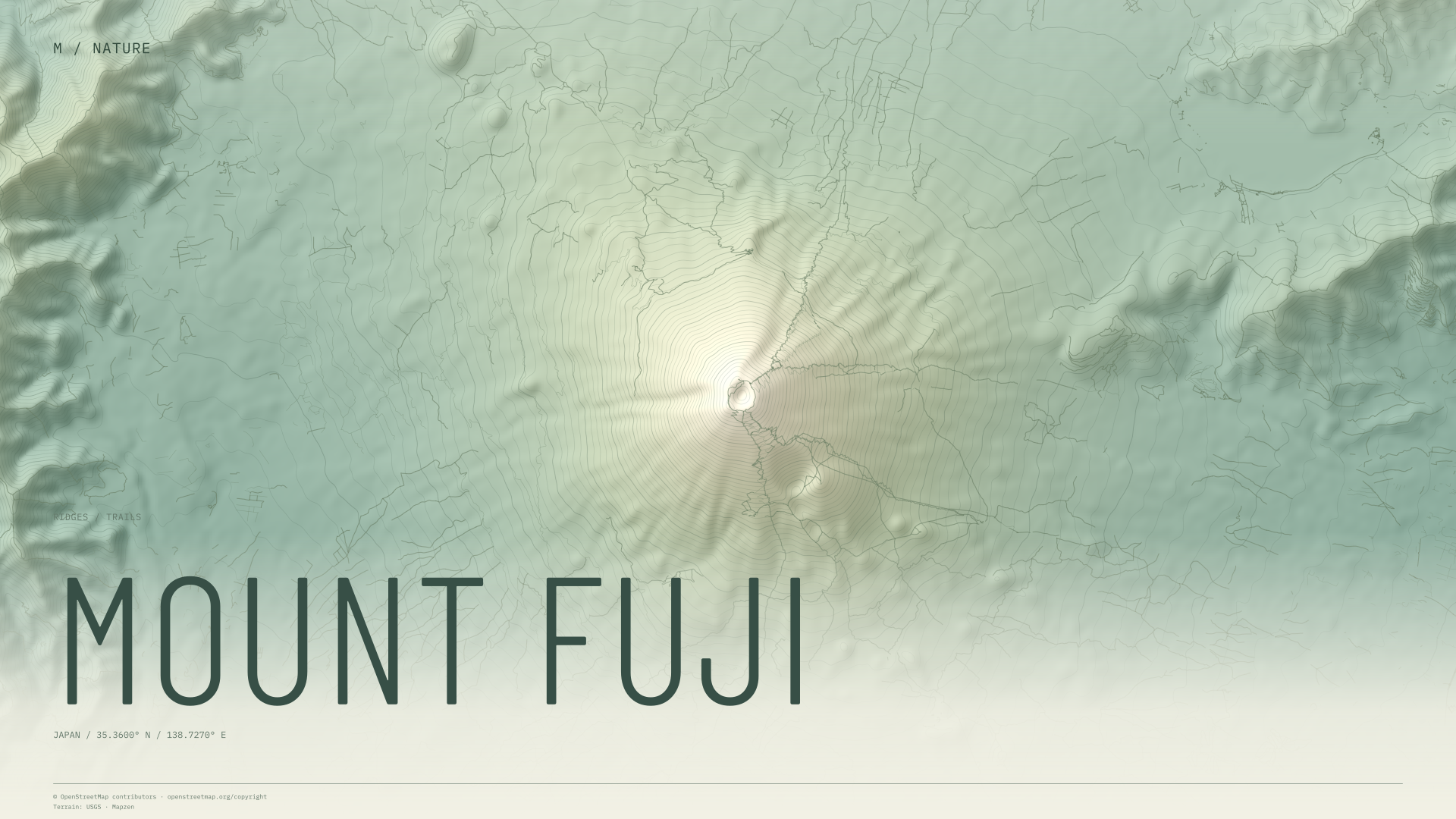 Mount Fuji nature wallpaper with sage terrain and trails and geographic coordinates