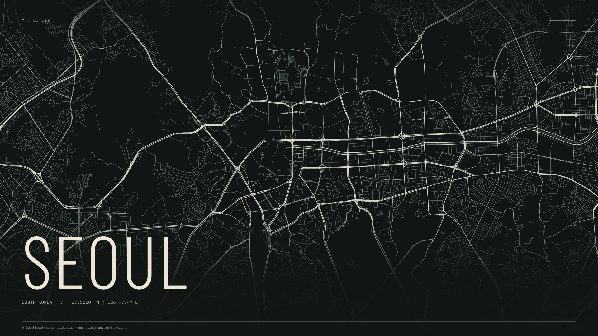 Seoul street map wallpaper with ivory streets on a dark background and geographic coordinates