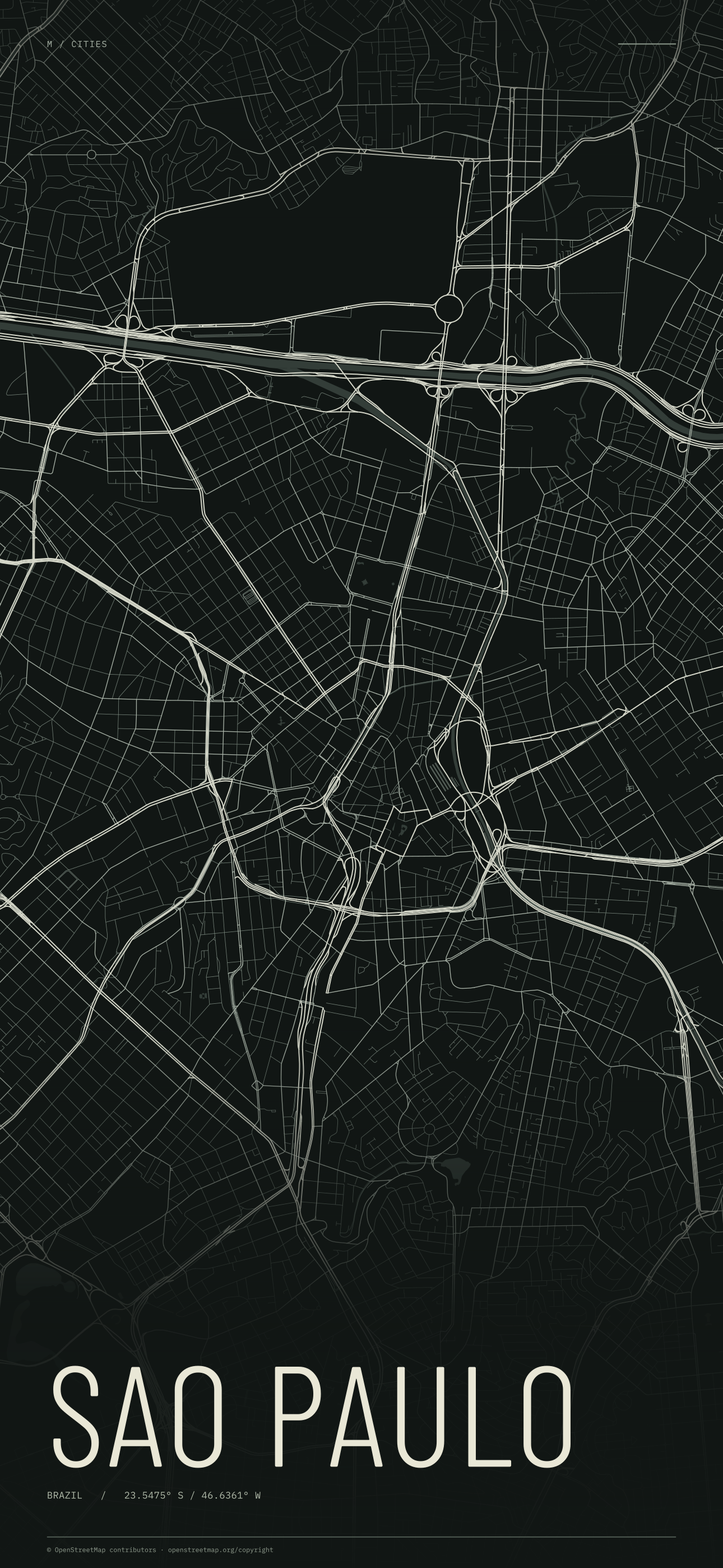 Sao Paulo street map wallpaper with ivory streets on a dark background and geographic coordinates